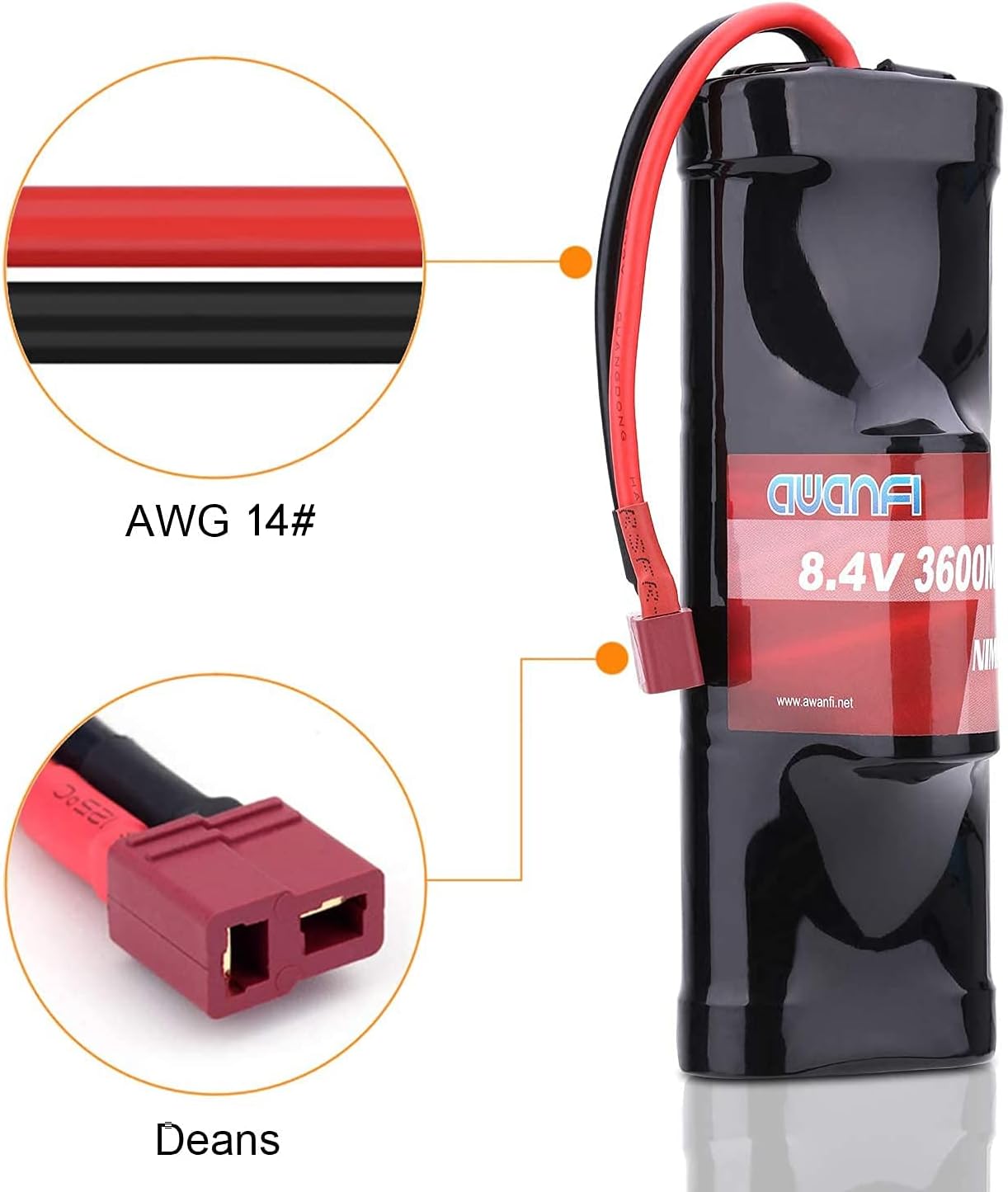Close-up of the AWANFI 8.4V NiMH battery showing AWG 14 gauge wire and Deans connector.
