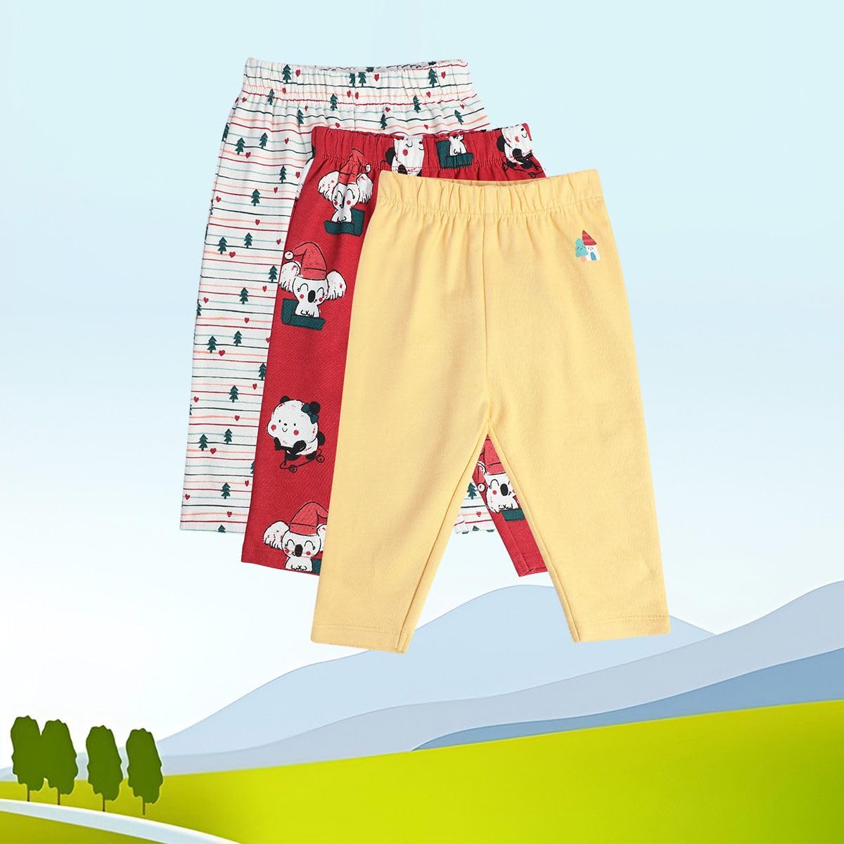 Mini Klub Baby Full Length Knit Cotton White/Red/Yellow Printed Bottom (Pack Of 3, New Born) - Image 2 thumbnail