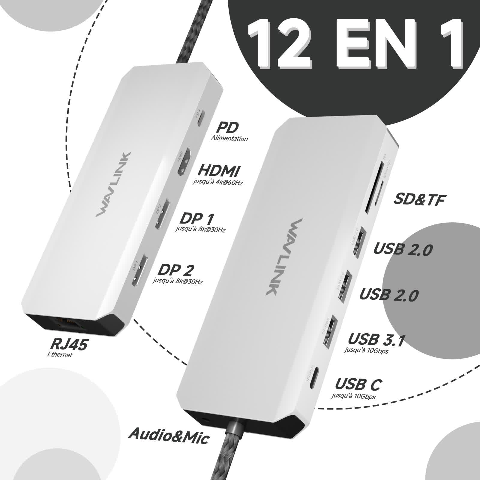 WAVLINK Station d'accueil pour Ordinateur Portable, Station d'accueil Displayport avec Double DP, HDMI, 100W PD in, 10Gbps USB A/C, 2.5G Ethernet Port pour Dell/HP/Lenovo etc