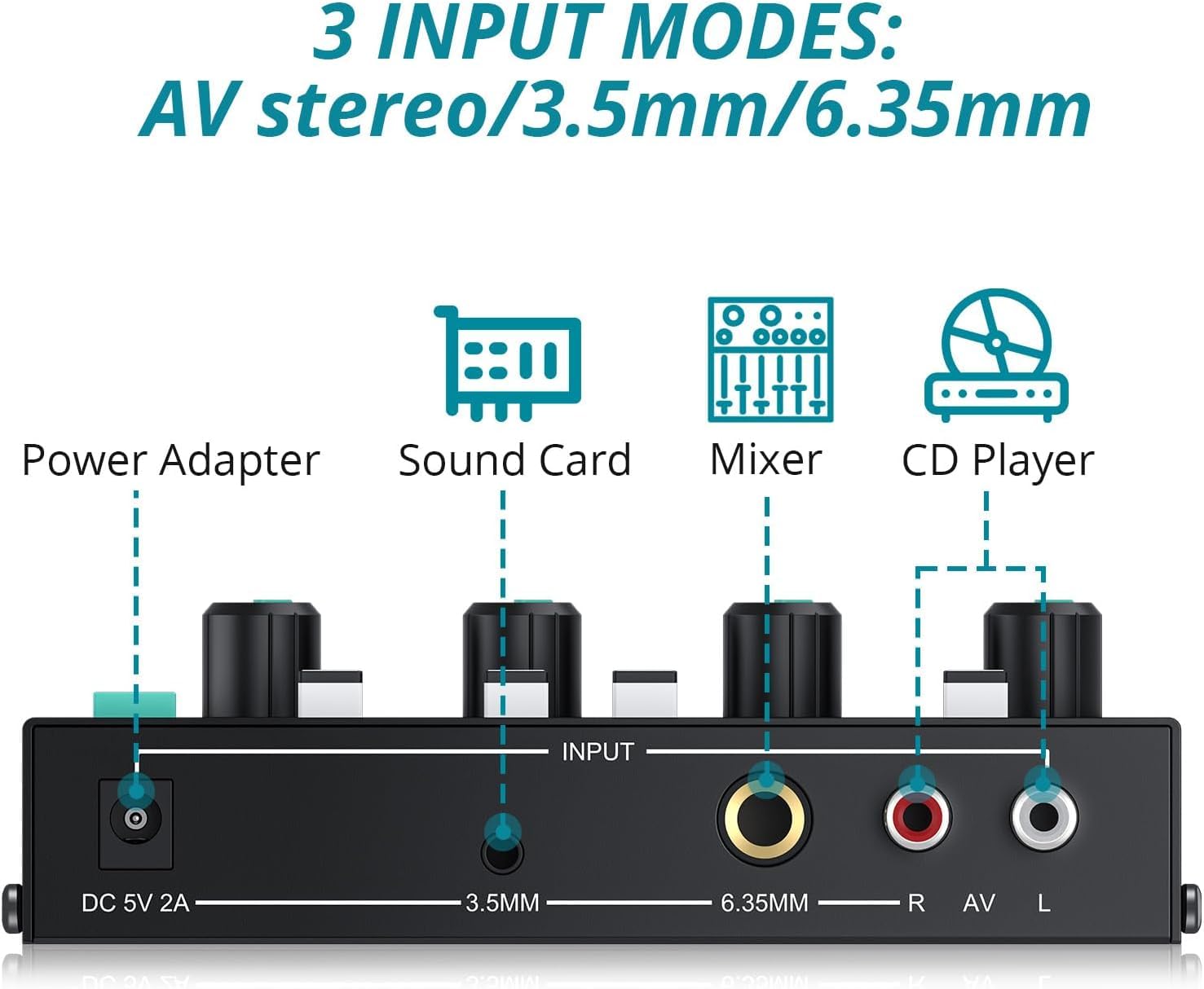 Amplificateur de casque à 4 canaux – Commutateur mono/stéréo avec sortie TRS 6,35 mm et 0,3 cm, 7 couleurs RVB LED en métal pour studio de musique, jeux, enregistrement – 3 ports d'entrée (noir