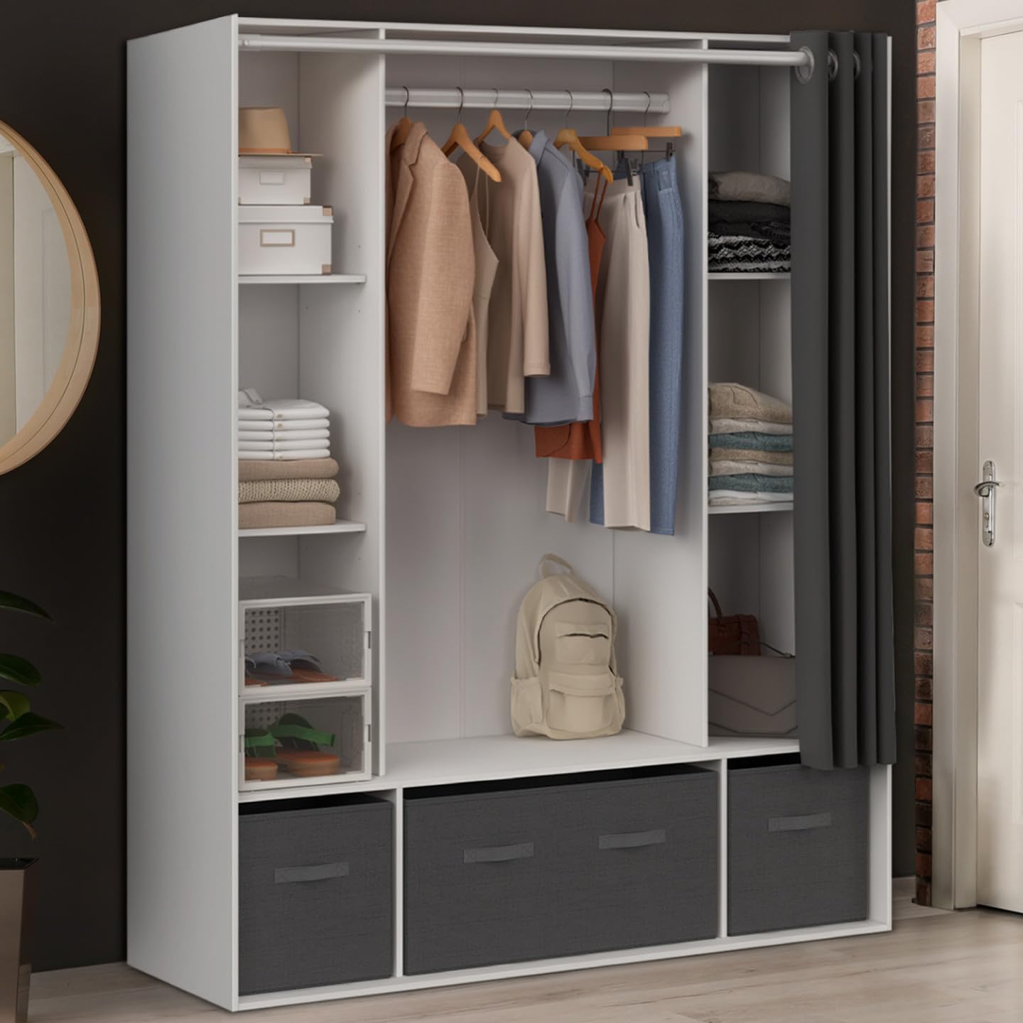 IDMarket - Dressing double penderie DIANE 140 x 45 x 167 cm blanc avec étagères + boites de rangement + rideau gris