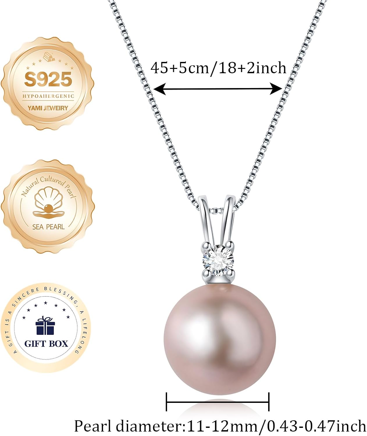 Cultured 11-12MM Round Pink Purple Blue Grey Golden Tahitian Black Pearl Necklace for Women, S925 Sterling Silver 18K Gold Plated, Single Pearl Pendant Necklace - Image 4