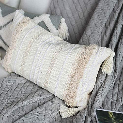Ruucy Boho Cushion Covers, Tufted Throw Pillow Cover Boho, Decorative Tassel Woven Boho Pillow Cases 30 x 50cm, Beige Cushions for Couch Sofa Bed Living Room with Invisible Zipper