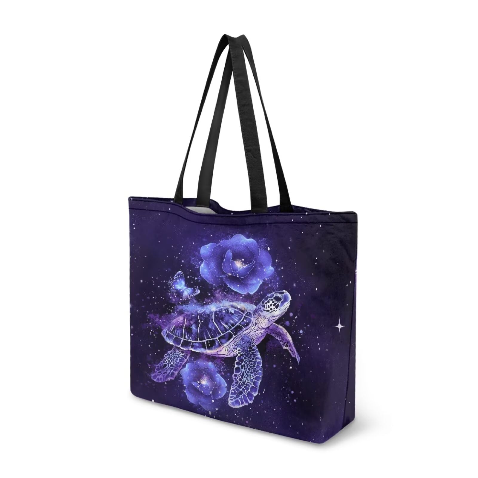 Dngkaoje Purple Flower Turtle Canvas Tote Bag for Women Travel Shoulder Handbags Sea Turtle Foldable Shopping Bag for Travel Lightweight Reusable Grocery Tote Bags Summer Tote Purse — image 1