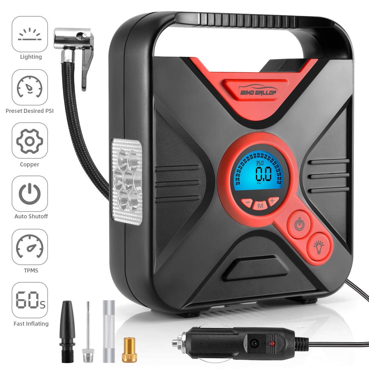 Car Tyre Inflator Air Compressor Tyre Pump 12V Electric Car Air Pump for Car Tyres Bike Tyres with Digital Tyre Pressure Gauge and Inflator Valve Adaptors LED Light