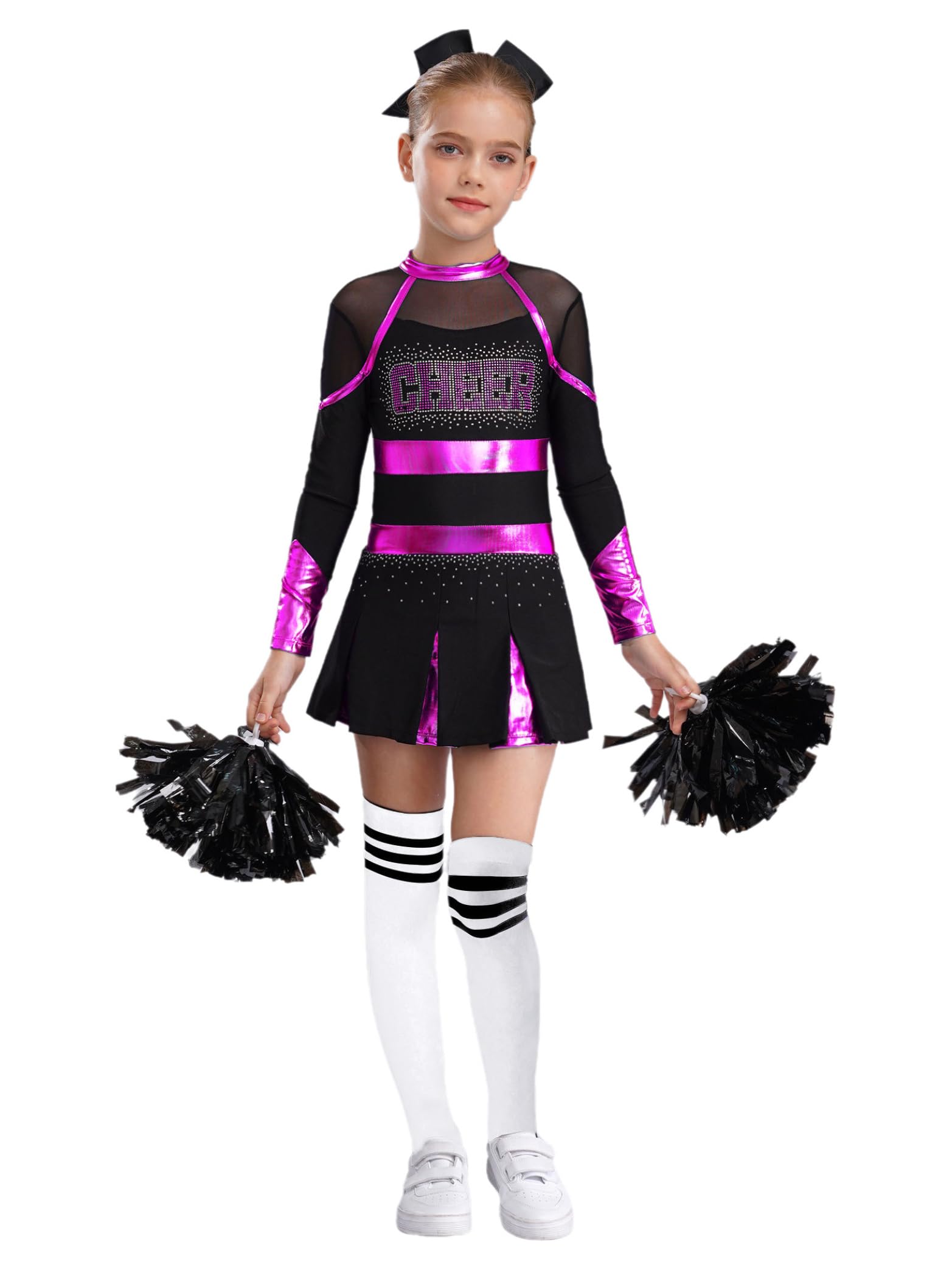 Miaeowve 4 Pcs Girl Cheerleading Uniform Dress Cheer Leader Costume Cosplay Outfits for Kids Halloween Carnival Dress up Hot Pink&White 11-12 Years