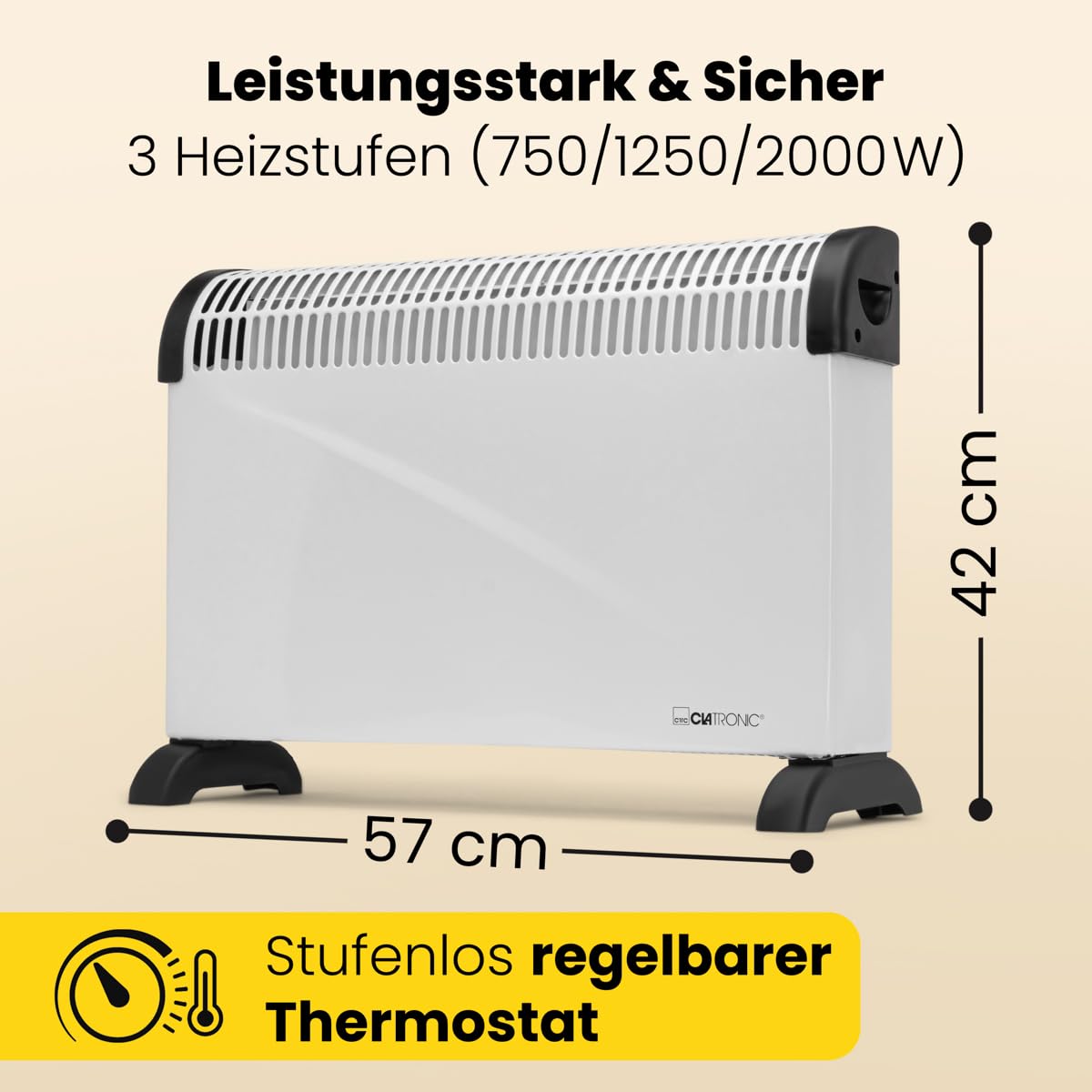 Clatronic® Chauffage par convecteur | Chaleur mobile | Chauffage électrique à 3 niveaux de chauffage | avec thermostat | jusqu'à 40m² | Convecteur avec protection contre la surchauffe | KH 3077 N
