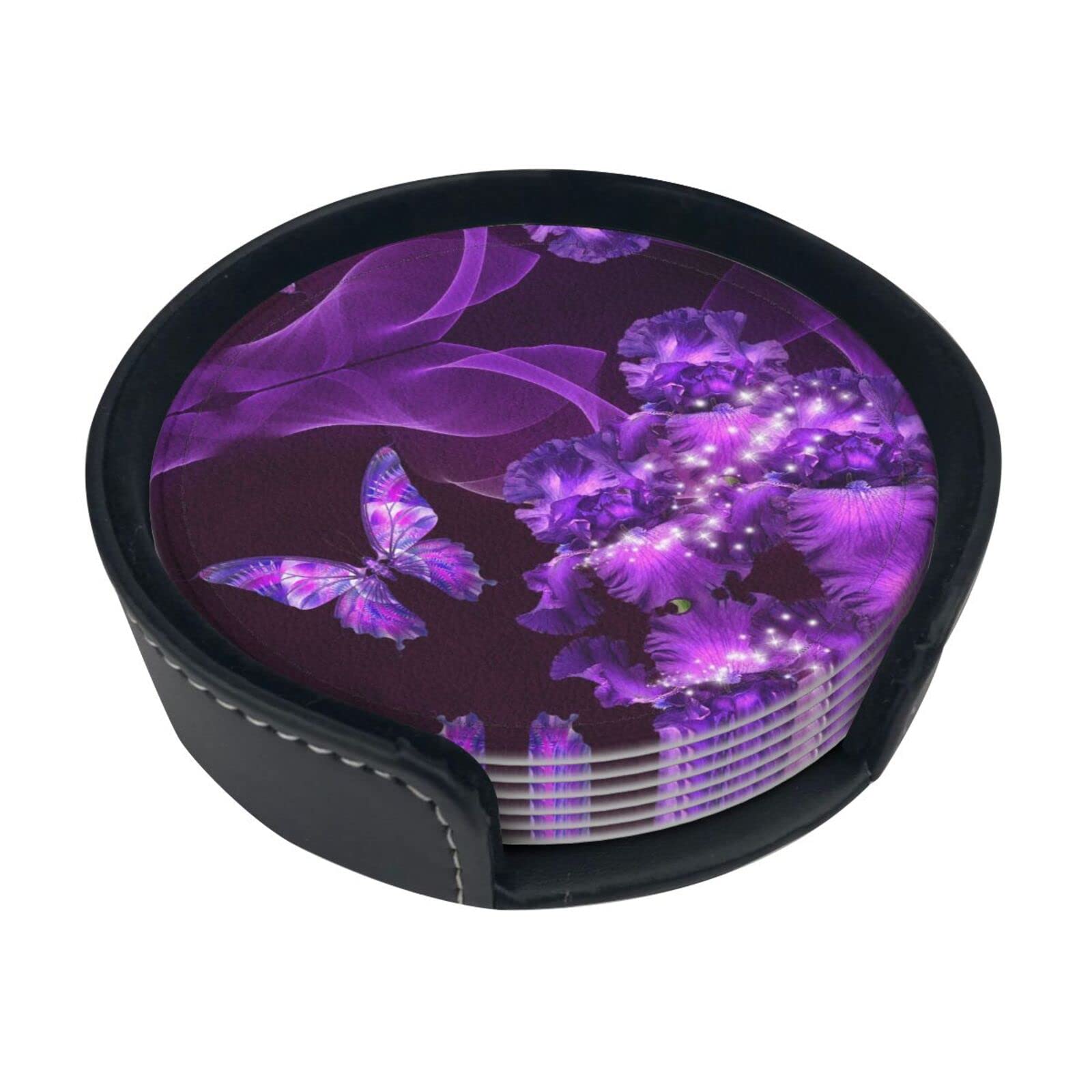 Coasters Set Of 6 Purple Butterfly Print Leather Coasters For Drinks,Home Décor And Housewarming Gift