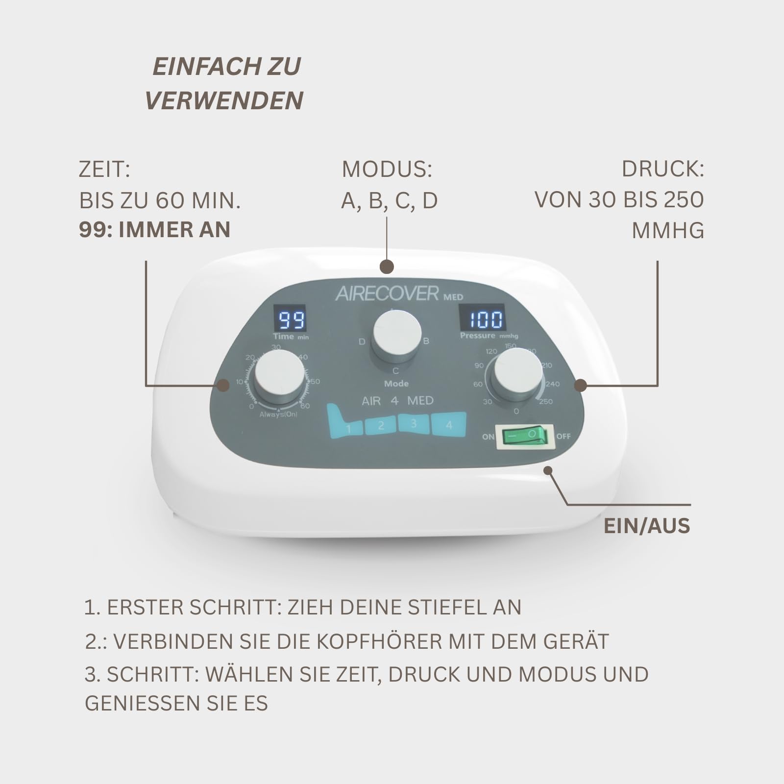 Beinmassagegerät mit Luftdruck – Pressotherapie für Zuhause, 30–250 mmHg, 4 Modi, 4 überlappende Zonen, Entspannung & Komfort（Steuereinheit & Beinmanschetten）