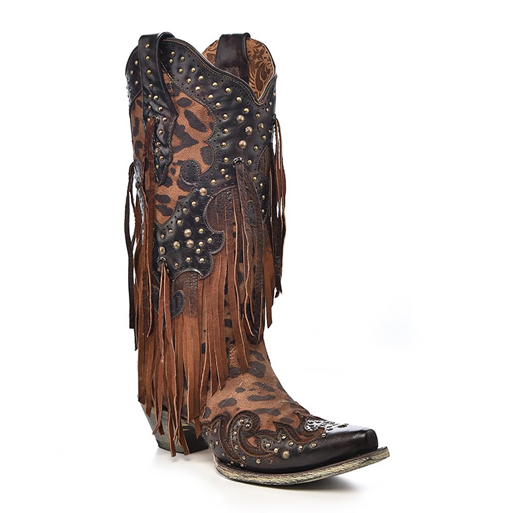 Corral Boots Women's Handcrafted Western Boots | Snip Toe Cowboy Boots with Leopard Print, Fringe and Stud Details