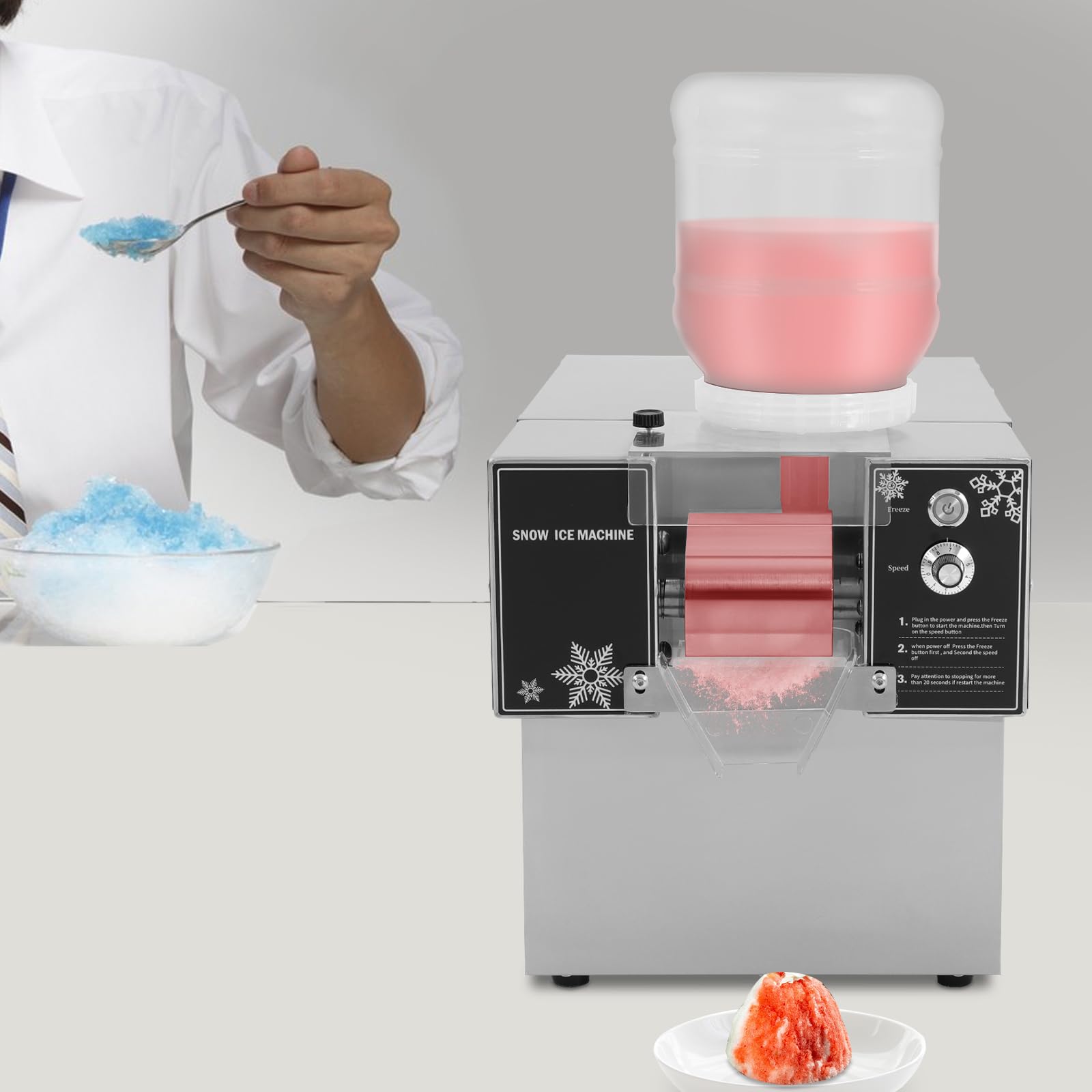 Fabbricatore di ghiaccio di fiocchi di neve commerciale 60kg/giorno Fiocco di neve Gelato 304 Acciaio inossidabile Macchina elettrica per cubetti di ghiaccio compressore raffreddato ad aria, 360W/220v