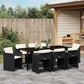 Garden Dining Set with Cushions 9 Pieces Black Poly Rattan, 8 Chairs 1 Table, Weatherproof Garden Furniture Set, Outdoor Lounge Furniture for Balcony and Garden Lounge, Comfortable and