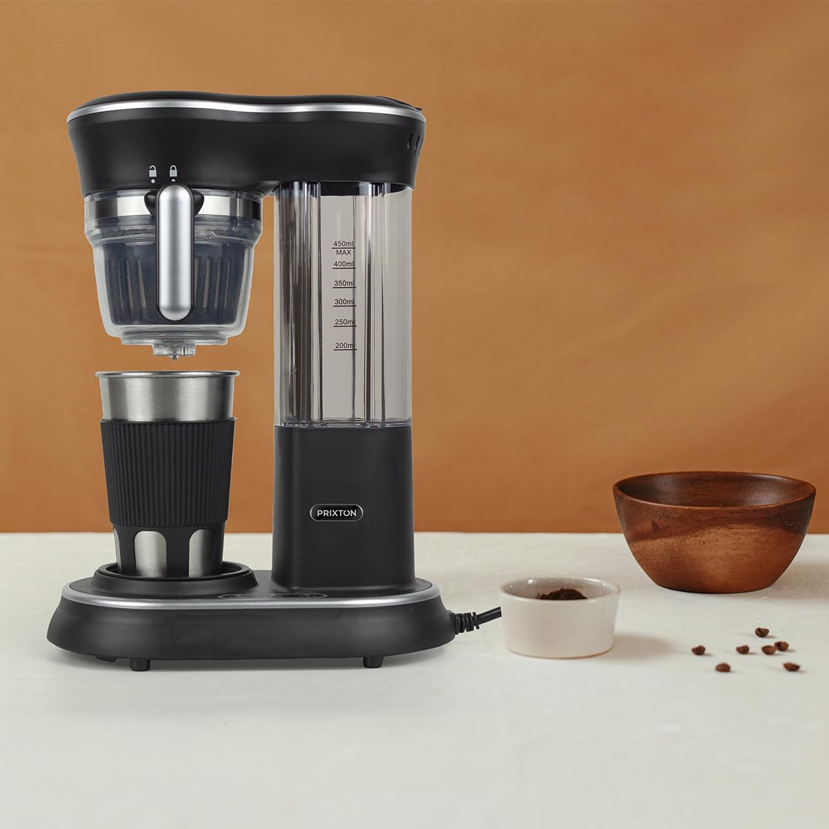 PRIXTON Cafetera Capri con molinillo, Sistema por goteo, Vaso de acero inoxidable con tapa, 600 W (Reacondicionado)