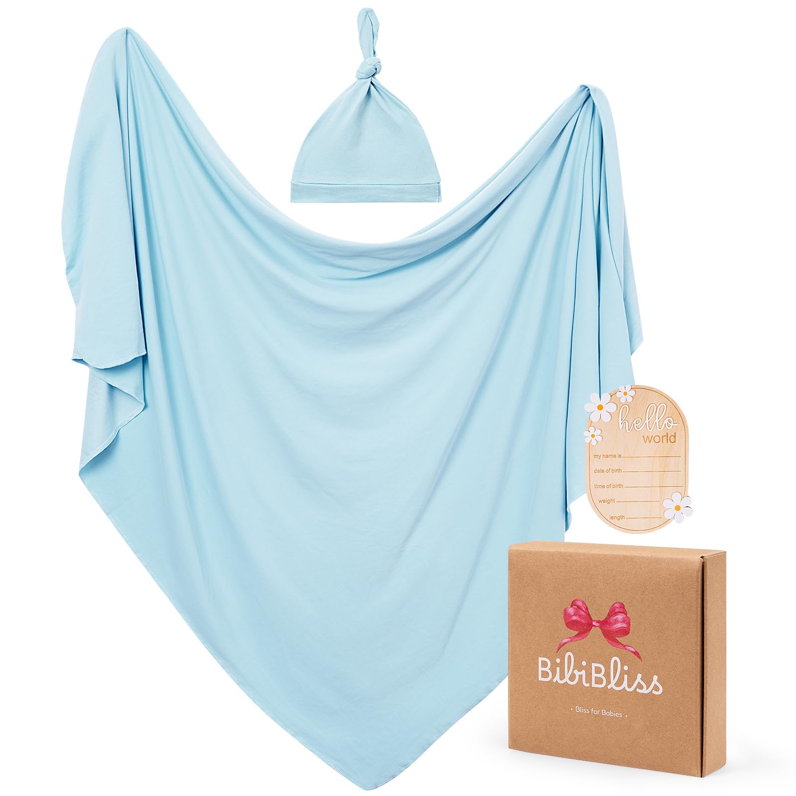 Stretchy Swaddle Blanket for Newborns with Hat &amp; Hello World Card–Soft Baby Swaddles 0-3 Months,47"x 47"Supersoft Swaddle Blanket,Receiving Blanket for Boys &amp; Girls (Baby Blue)