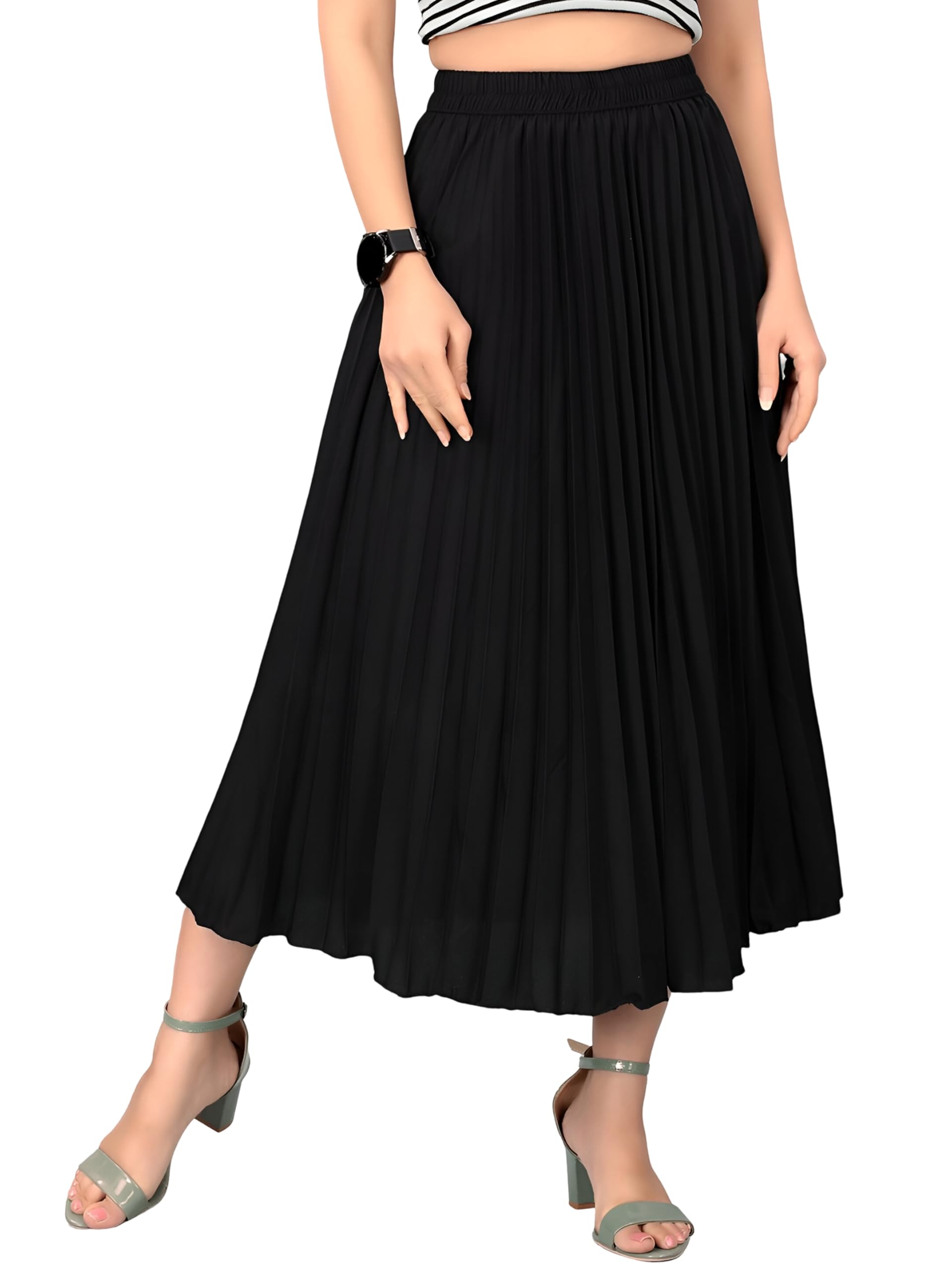 otabu | Skirt for Women | Women's Black Pleated Midi Skirt | Elastic Waist | Flowy A-Line Design | Calf Length-picture-30