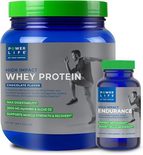 POWERLIFE Tony Horton Proteína de suero alimentada con hierba de alto impacto con 3000 mg de HMB, sin azúcar añadido, sin OMG (chocolate) +