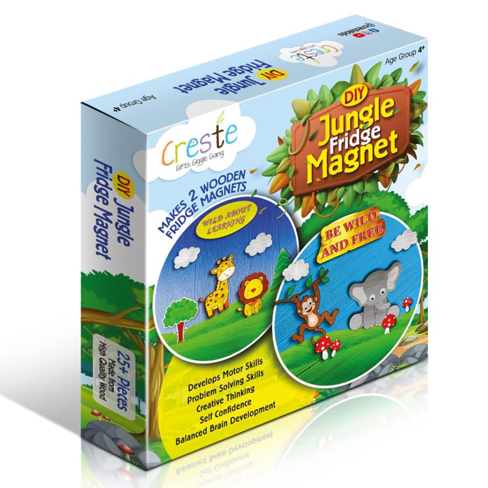 Creste DIY Fridge Magnet Making Kit for Fridge Decoration | Art and Craft Educational Fun Activity Kit for Kids Jungle Theme (Set of 2 Magnets in 1 Pack)