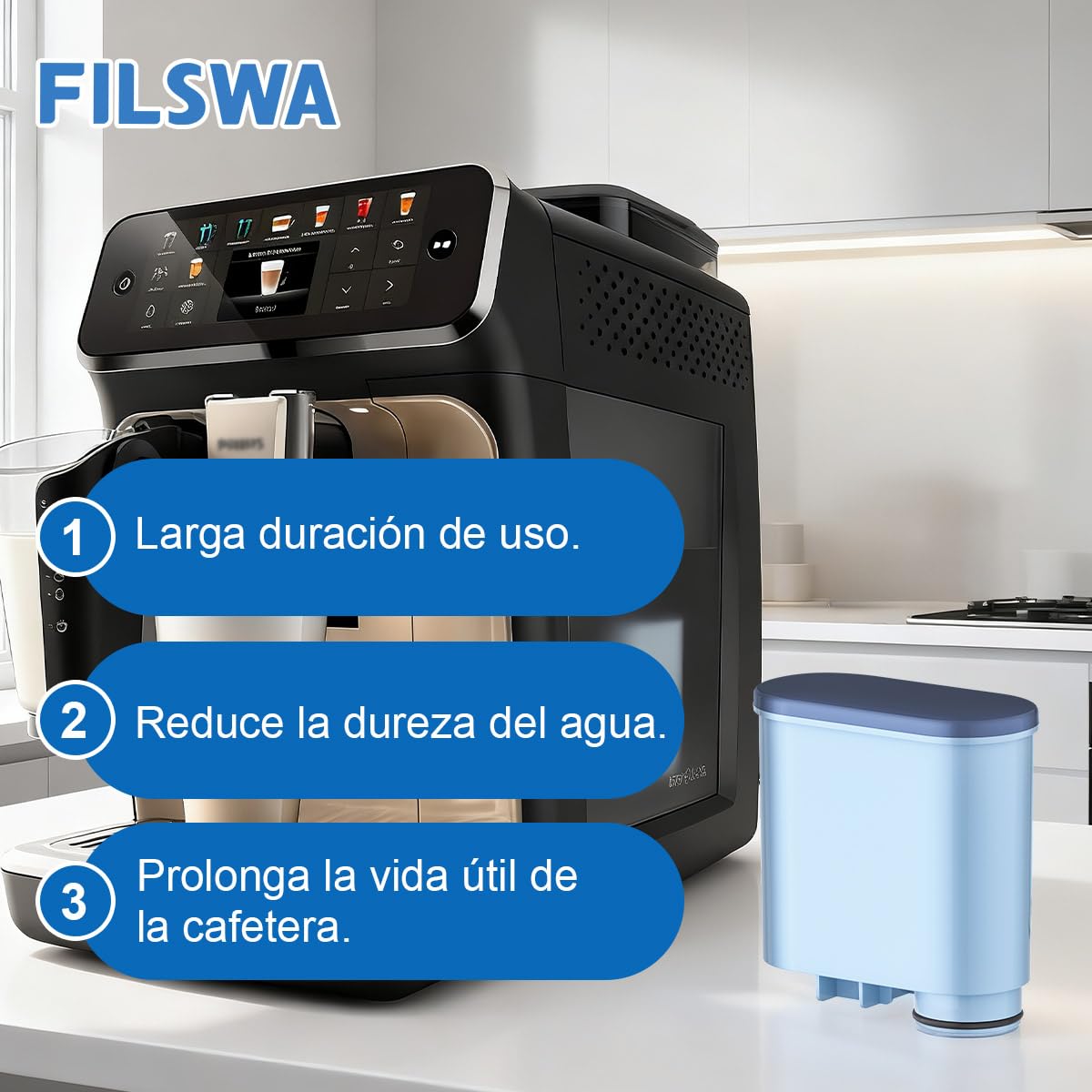 Filswa Filtro de agua para cafetera, repuesto compatible con Philips 3100, Philips 4000, 5000, Saeco AquaClean CA6707 CA6903/00 CA6903/01 CA6903, filtro de cal Aqua Clean (4 unidades)
