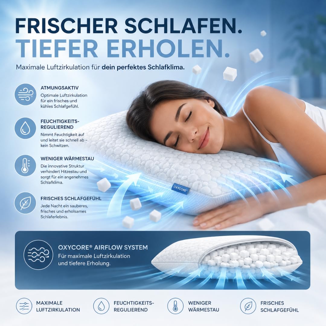 Airflow Kopfkissen 80x40 cm – Höhenverstellbares ergonomisches Memory Foam Kissen mit entnehmbaren Foam Cubes – Atmungsaktives & waschbares Schlafkissen für Seiten-, Rücken- & Bauchschläfer