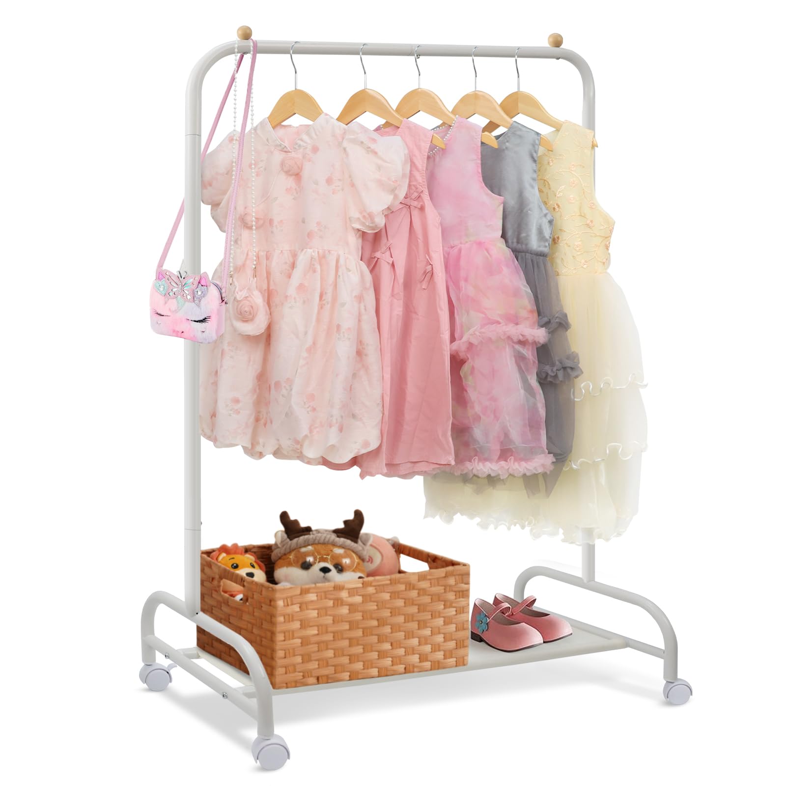 Perchero para niños, con ruedas, de metal, estable, con estante inferior, zapatero para abrigos, faldas, disfraces, color blanco