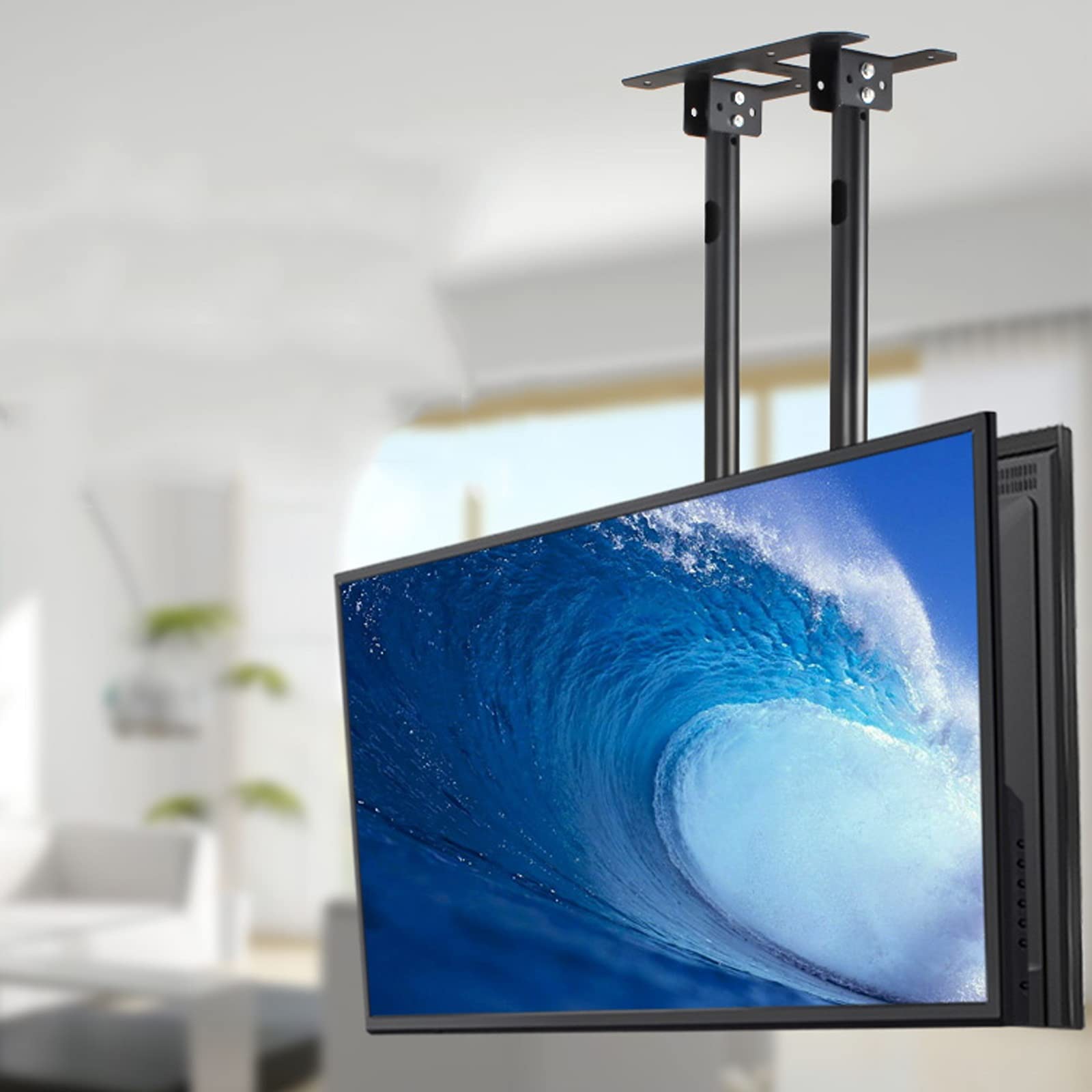 tv Stand 20 "-100" soffitto TV Staffa Doppia scarico a doppia asta TV Appendiabiti TV Staffa regolabile per montaggio a soffitto, max VESA 90. 0x600mm fino a 132 libbre .per casa, ufficio