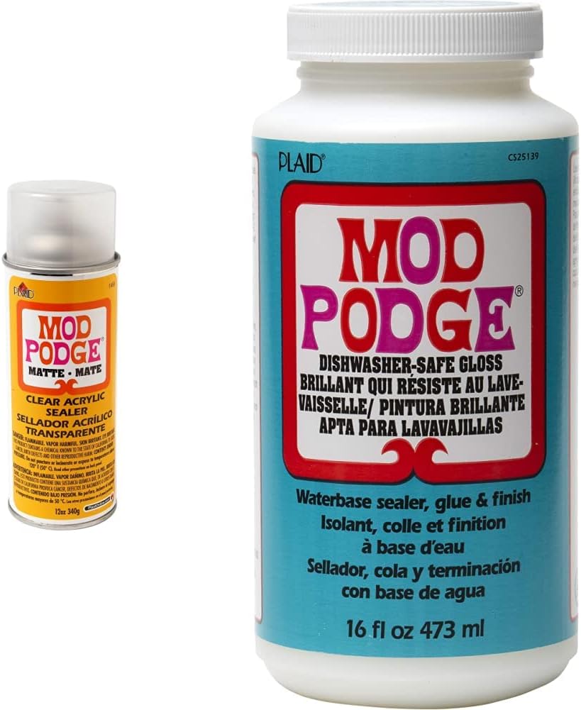 Mod Podge Matte Acrylic Sealer, 12 ounce (1469) and Mod Podge Dishwasher Safe Waterbase Sealer, Glue and Finish (16-Ounce), Gloss (CS25139)