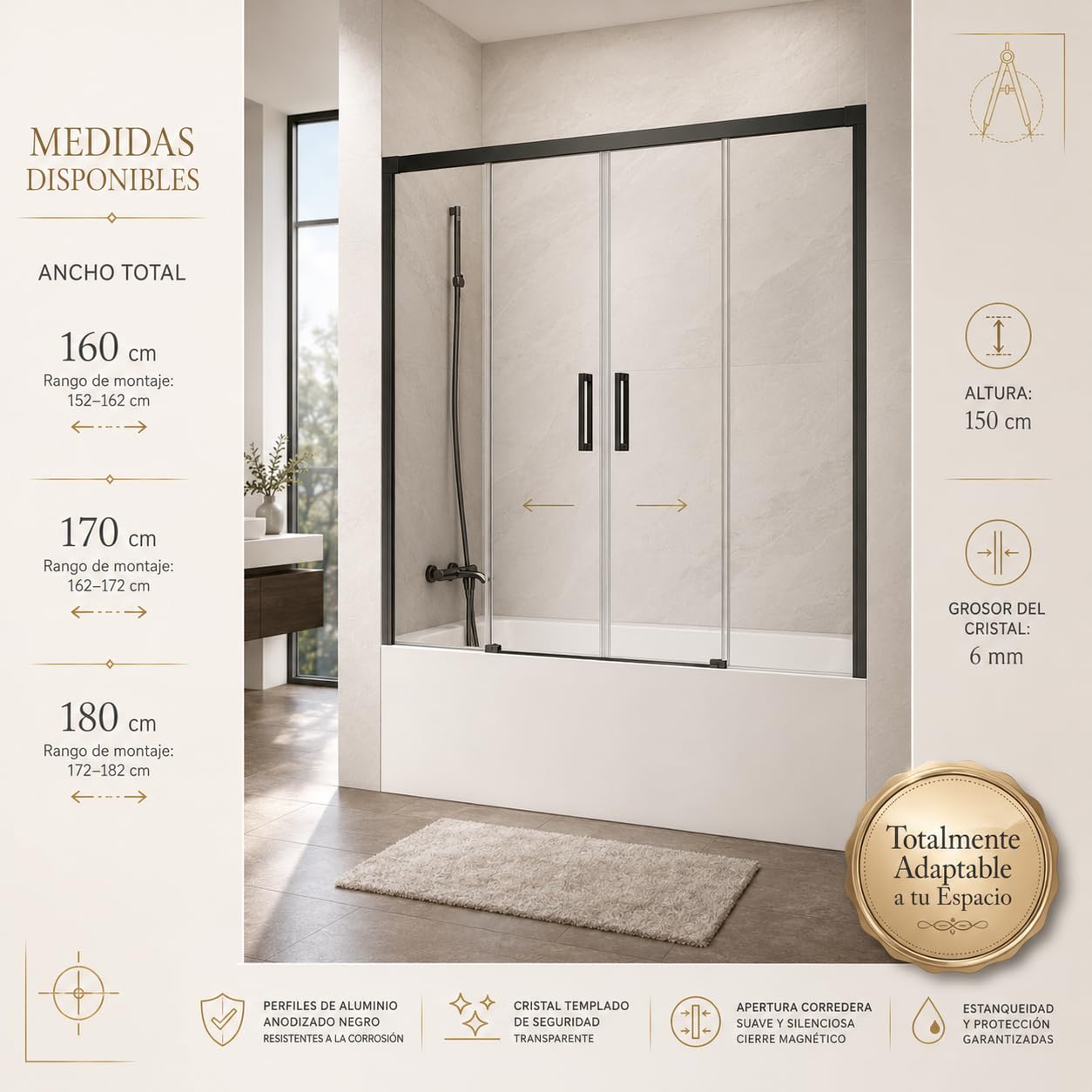 GME - Mampara Ducha Frontal Bañera Dos Puertas 2 Fijas + 2 Correderas 180cm Negro Mate | Mampara de Cristal Reversible, Perfilería con Ancho Adaptable y 150cm de Altura | Vidrio con Grosor 6mm