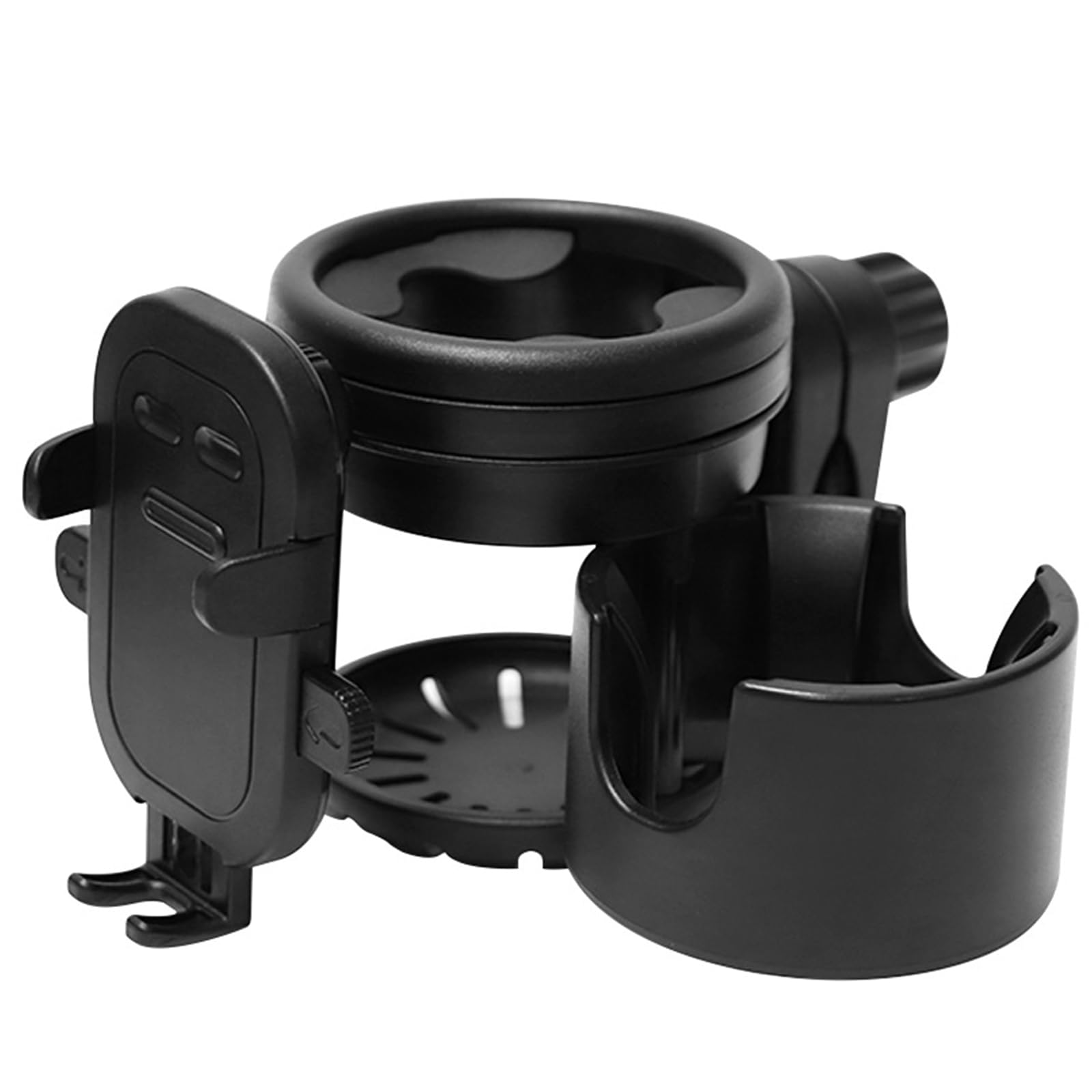 4-in-1 Universal Stroller Cup Holder with 360° Phone Mount, Adjustable Drink & Phone Holder for Strollers Wheelchairs, Bikes