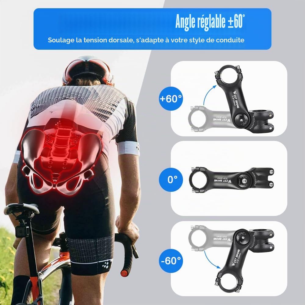 Potence de Vélo Réglable – Potence en Aluminium pour VTT, Vélo de Route & Vélo Électrique, Angle ±60°, Solide & Résistante aux Intempéries, avec Clés Allen