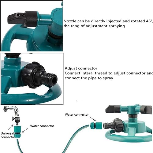 Miniatura 6 de Paquete de 2 aspersores de agua, rociador automático giratorio de 360 grados ajustable para jardín, rociador de césped de 3 brazos, boquilla de
