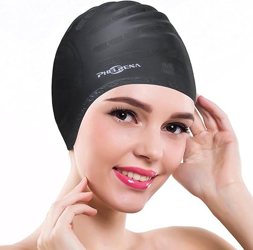 Miniatura 9 de Phelrena - Gorro de natación impermeable de silicona de primera calidad para cabello largo y sólido, flexible, reversible para adultos, niños,