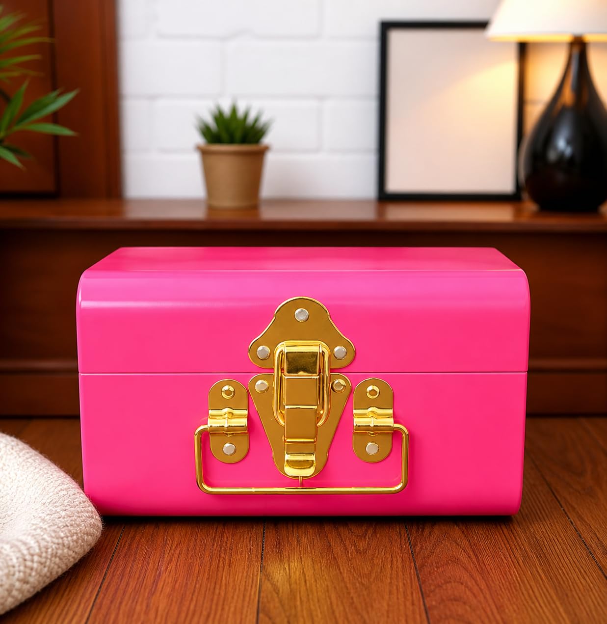 INDIAN ARTISANS Metallic Hammered Pink Trunk With Golden Handle | Jewellery Storage Organizer Box | Multipurpose Storage Box For Wedding | Gifting, Rectangular | Gift Hamper trunk-image-4