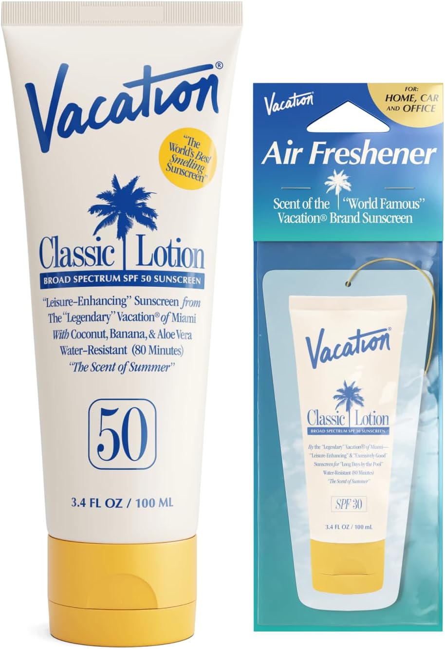 Vacation Classic Sunscreen Lotion SPF 50 & Air Freshener Bundle, Water-Resistant, Lightweight, Transparent on All Skin Tones, Dermatologist-Tested, Vegan, Travel Size, 3.4 Fl. Oz.