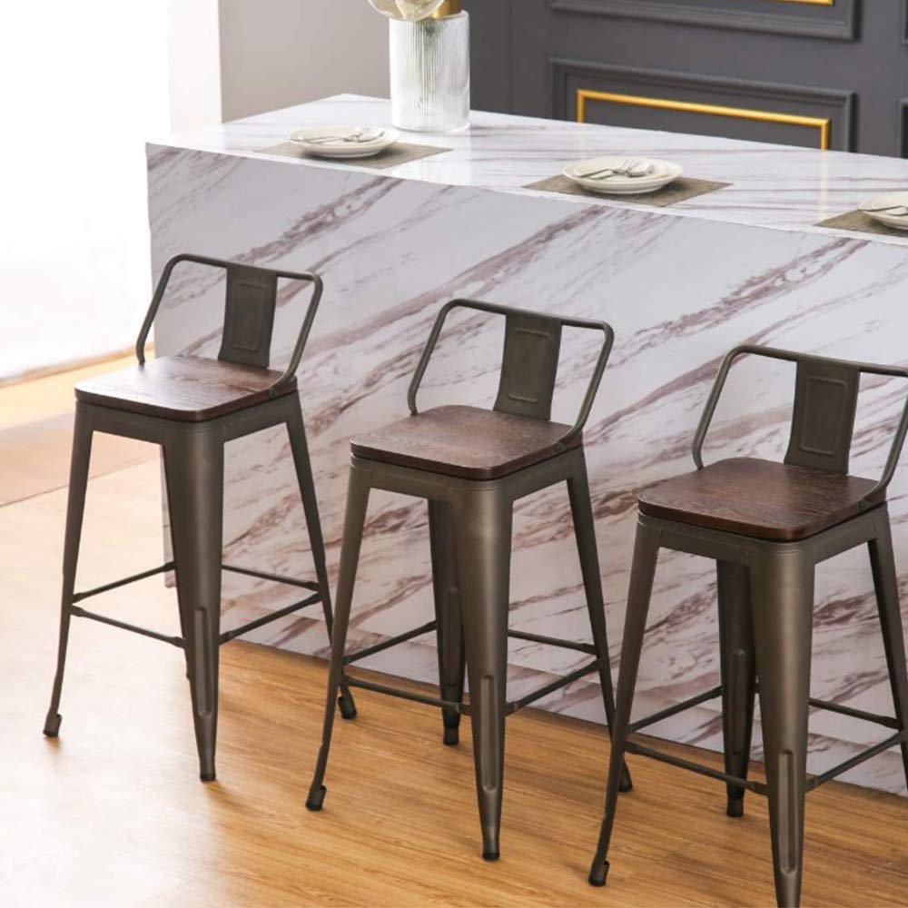 Lot de 4 Tabouret de Bar Metal,Tabouret Haut Industriel 84cm de Hauteur Assise avec Dossier et siège en Bois,pour Cuisine Bistrot Salle à Manger Intérieur et Extérieur,4 pièces (84 x 42 x 42 cm)