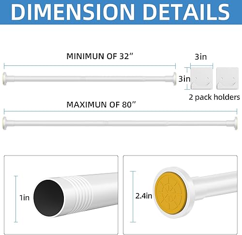 Miniatura 6 de CorkLatta Barra de cortina de ducha blanca, varillas de tensión de resorte ajustable de acero inoxidable de 1 pulgada de diámetro, 32 a 80 pulgadas,