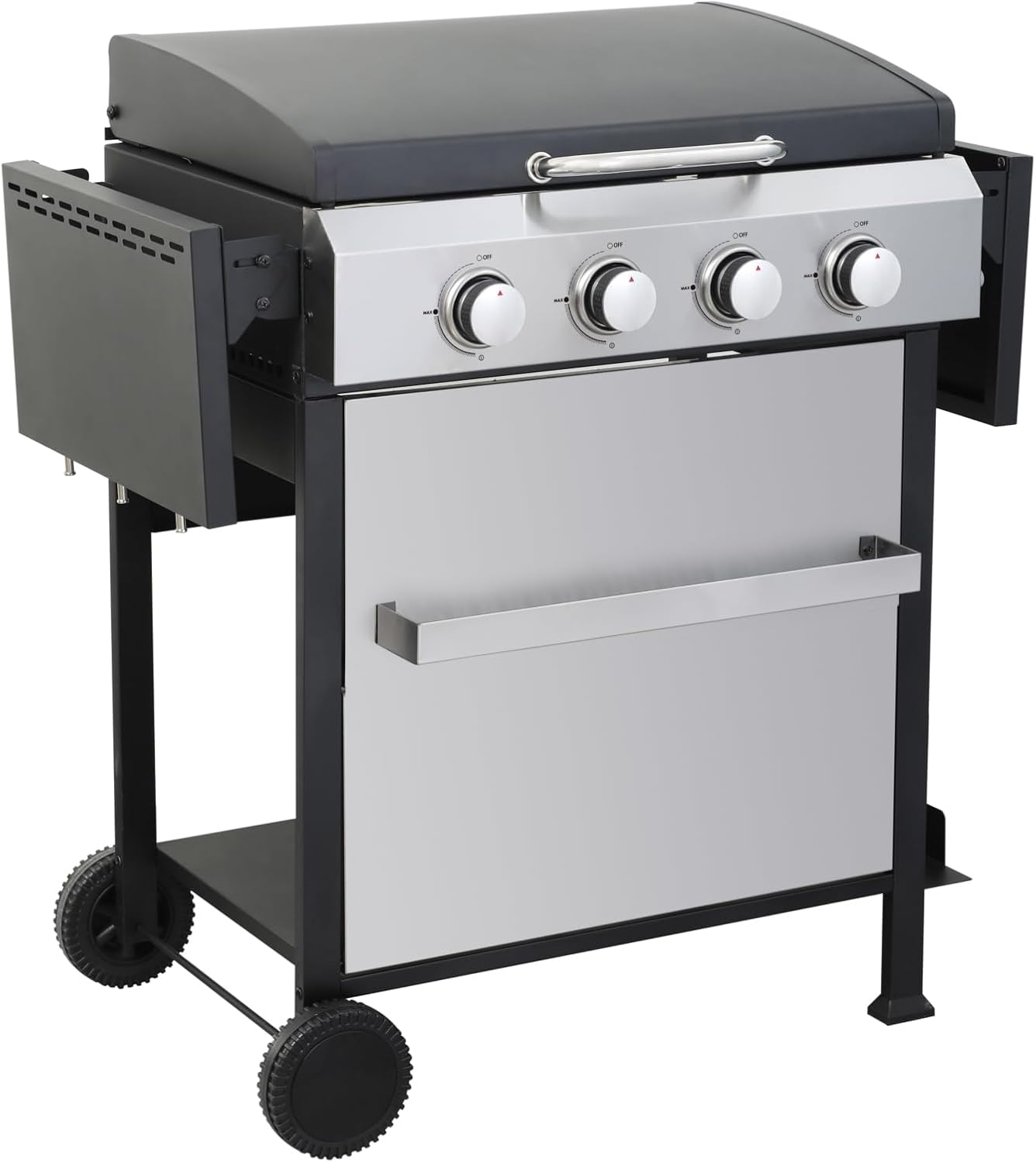 4-Burner Portable Propane Gas Grill with Stainless Steel Plancha Griddle - 49200 BTU Outdoor BBQ Grill with Foldable Side Shelves, Enamel Cooking Grids & Tool Hanging Basket