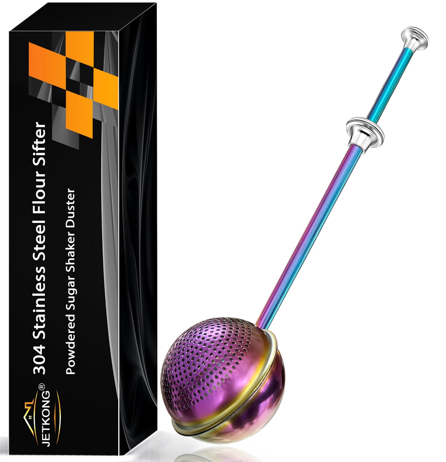 JETKONG Large Flour Duster for Baking, One-Handed Operation Sugar Sifter, 304 Stainless Steel Dusting Wand, Flour Sprinkler for Bread Baking (Large, Rainbow)