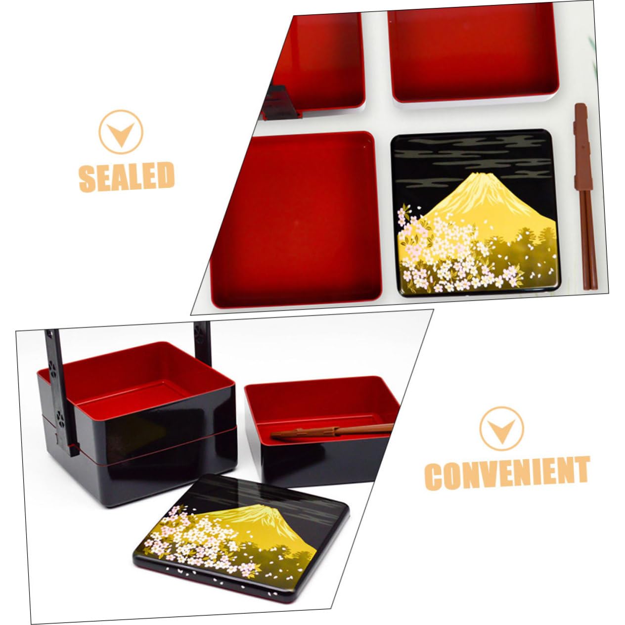 Boîte à Lunch et Rangement des Céréales à Domicile pour Pique-niques Bento Japonaise Noire Réutilisable en Abs Design à Trois Couches, Pratique et Hermétique