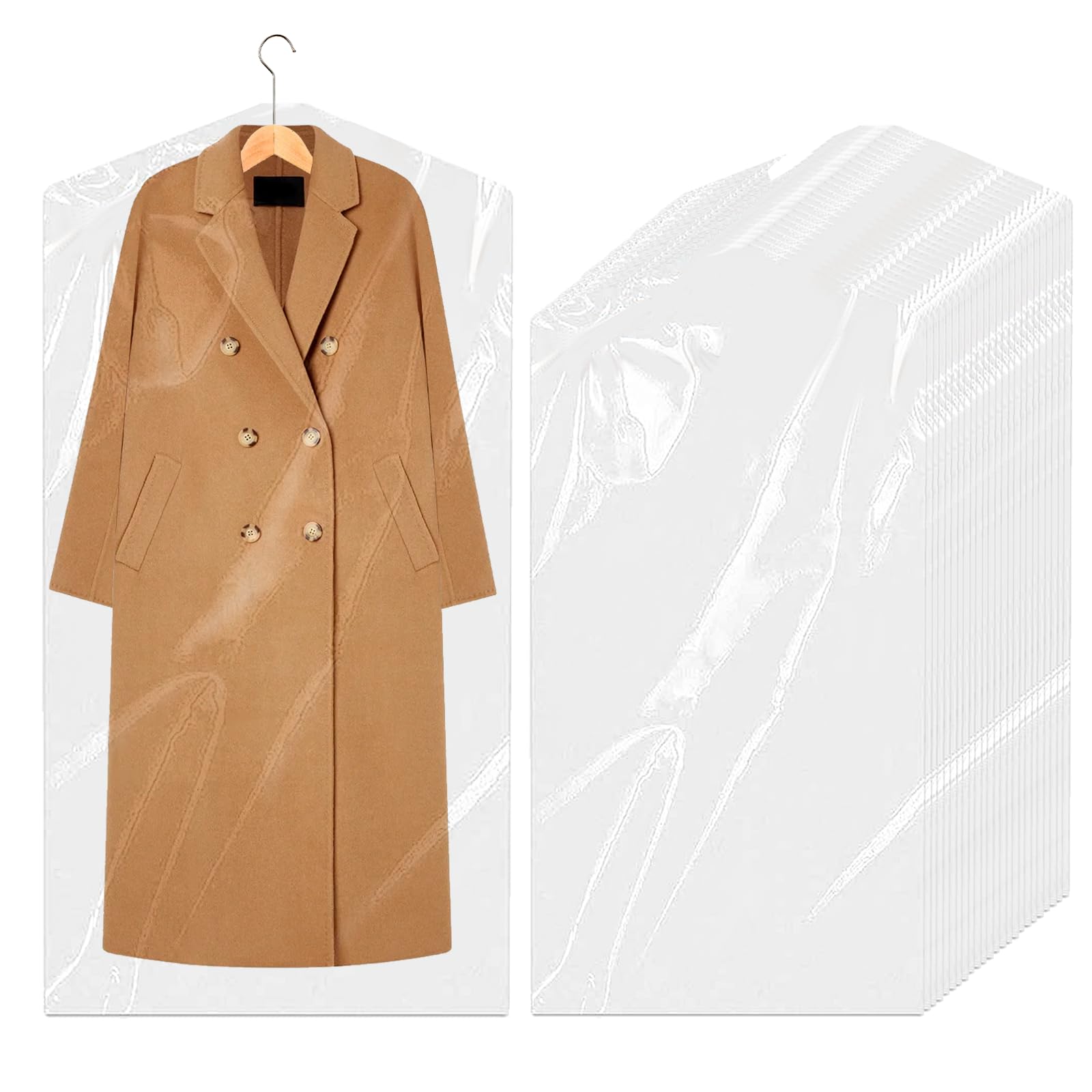 Mudoulu 25 Pack Garment Bags 60X130cm, Long Clothes Covers For Suits Dresses Coats Jackets, Transparent Dustproof Wardrobe Storage Bags Reusable Peva