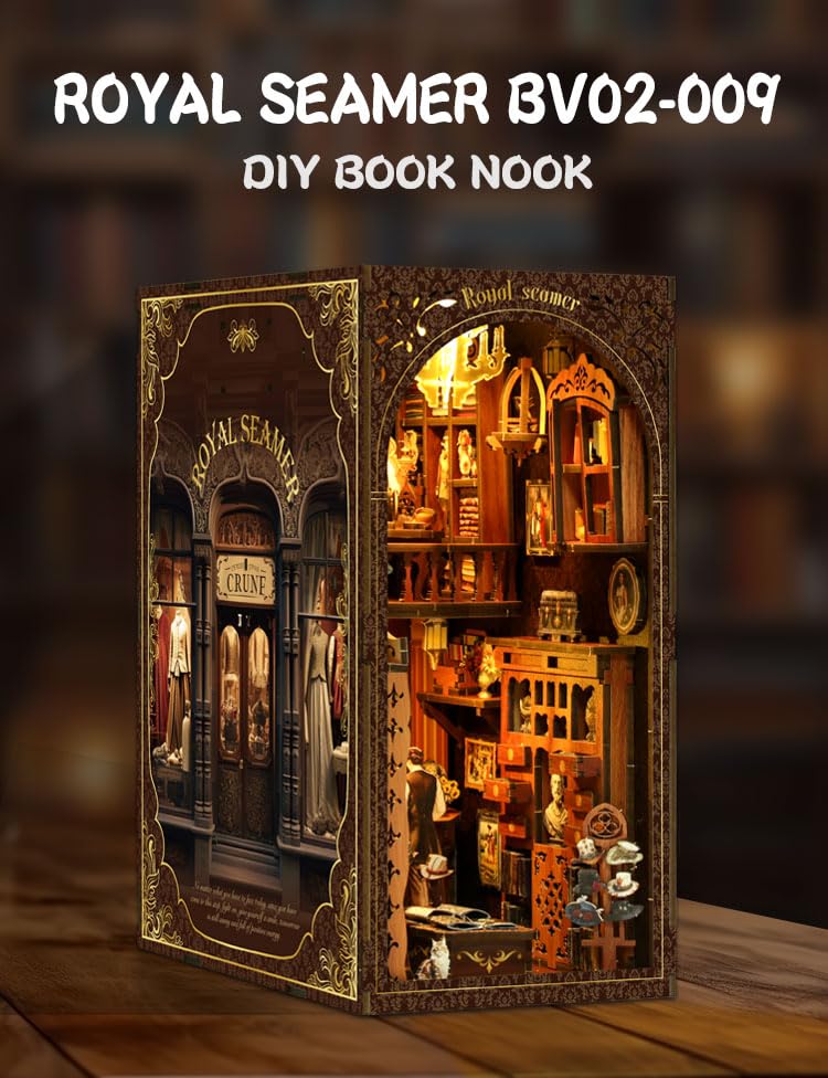 Book Nook Kit, DIY Miniature Dolls House Kit with Furniture and LED Light, 3D Puzzle Wooden Art Bookends - Image 3