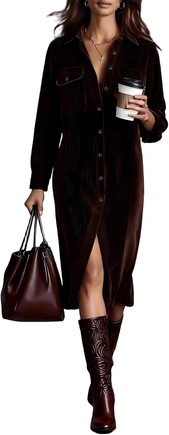 Womens Corduroy Button Down Shirt Dress Lapel Long Sleeve Solid Color Casual Loose Midi Fall Spring Dresses
