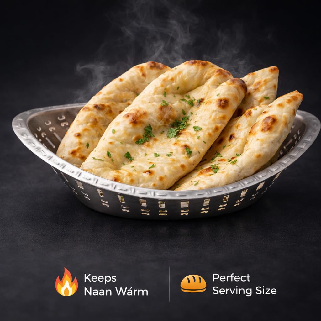 Gurubhai Equipments Stainless Steel Naan Serving Basket Set of 2 | Elegant Oval Bread Serving Basket with Intricate Laser-Cut Design | Ideal for Hotels, Restaurants, Catering & Home Dining 3