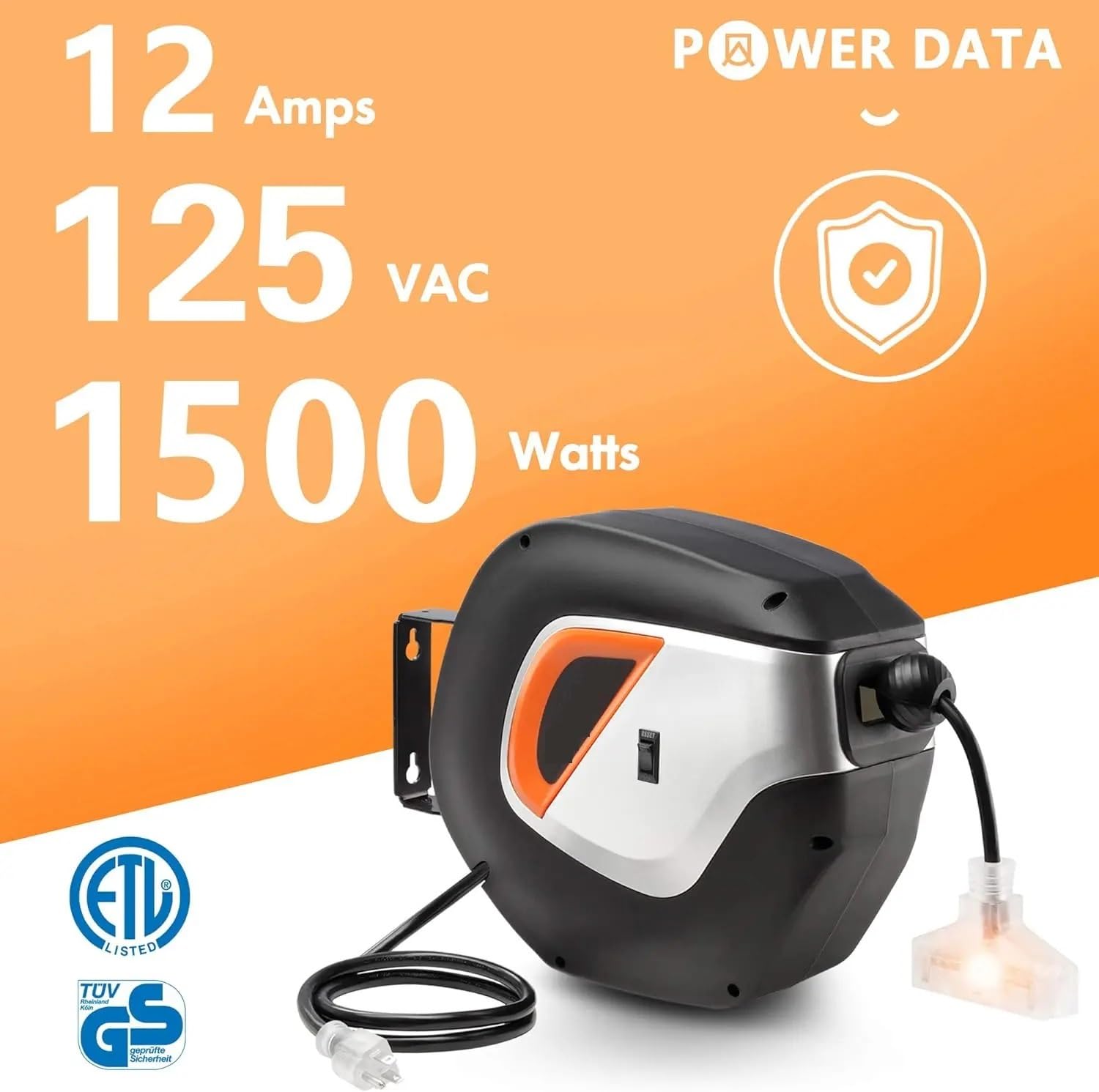 Bęben elektryczny, Zwijany przewód zasilający, 50 stóp, 12AWG/3C SJT, wytrzymały przedłużacz, bęben do przechowywania, montaż na ścianie/suficie(14AWG 50FT)