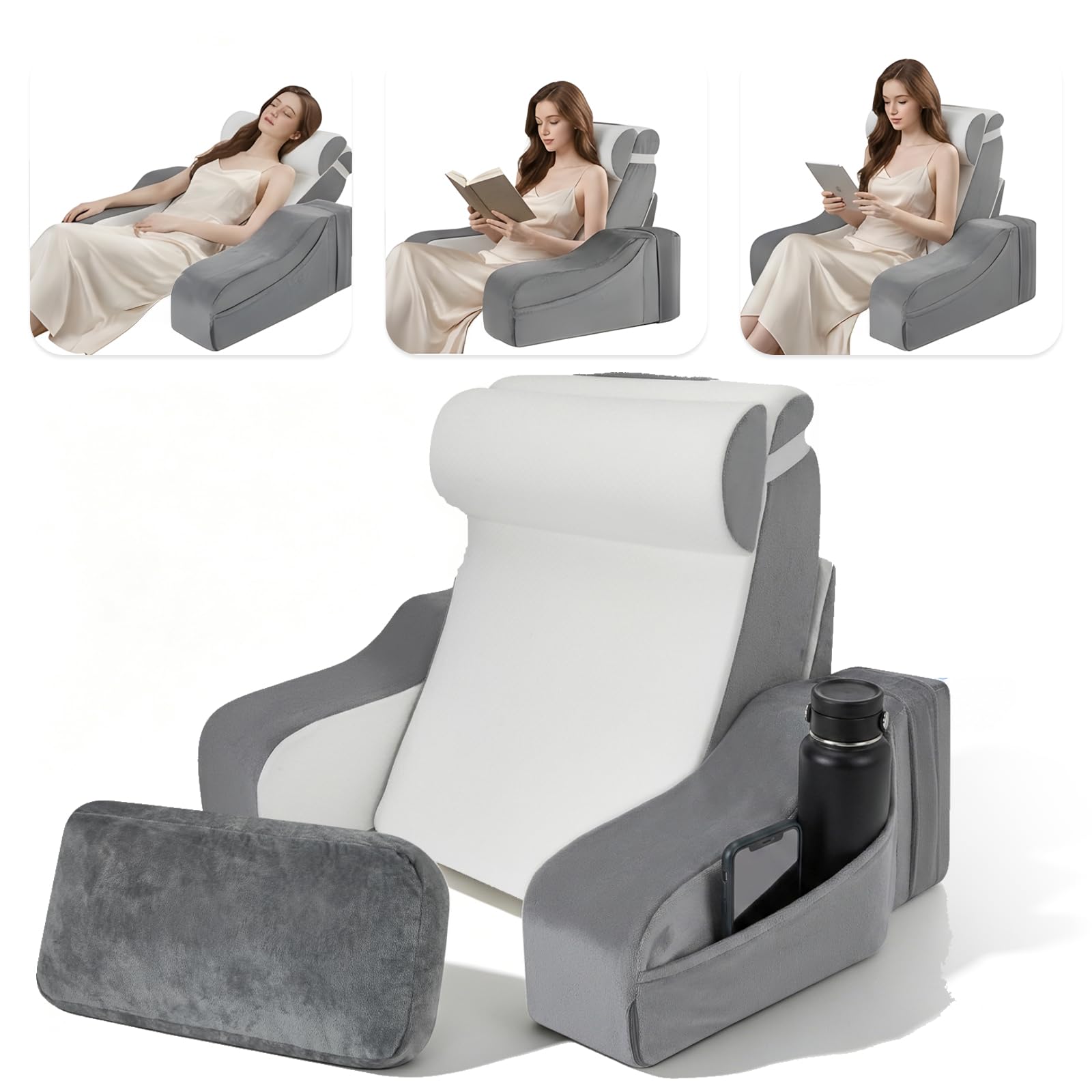 Lesekissen für Bett und Sofa, 30°/45°/ 90° Anpassung Rückenkissen mit Abnehmbarer Nackenrolle & Armlehnen, Bettkissen Rückenlehne, Rückenkissen Sofa zum Sitzen im Bett, Sofa, Lesen, Fernsehen