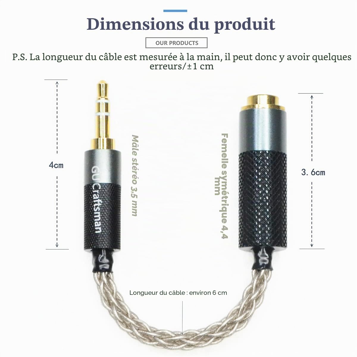 GUCraftsman Câble adaptateur de casque stéréo mâle 3,5 mm vers femelle équilibrée 4,4 mm 6 N argent cristal unique pour lecteurs audio avec ports 3,5 mm