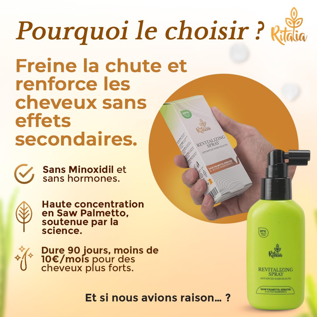 Ritalia | Spray pousse cheveux, lotion 100ml, beige | Saw Palmetto, caféine, kératine, 97% naturel | Renforce, épaissit, favorise la croissance cheveux femme homme