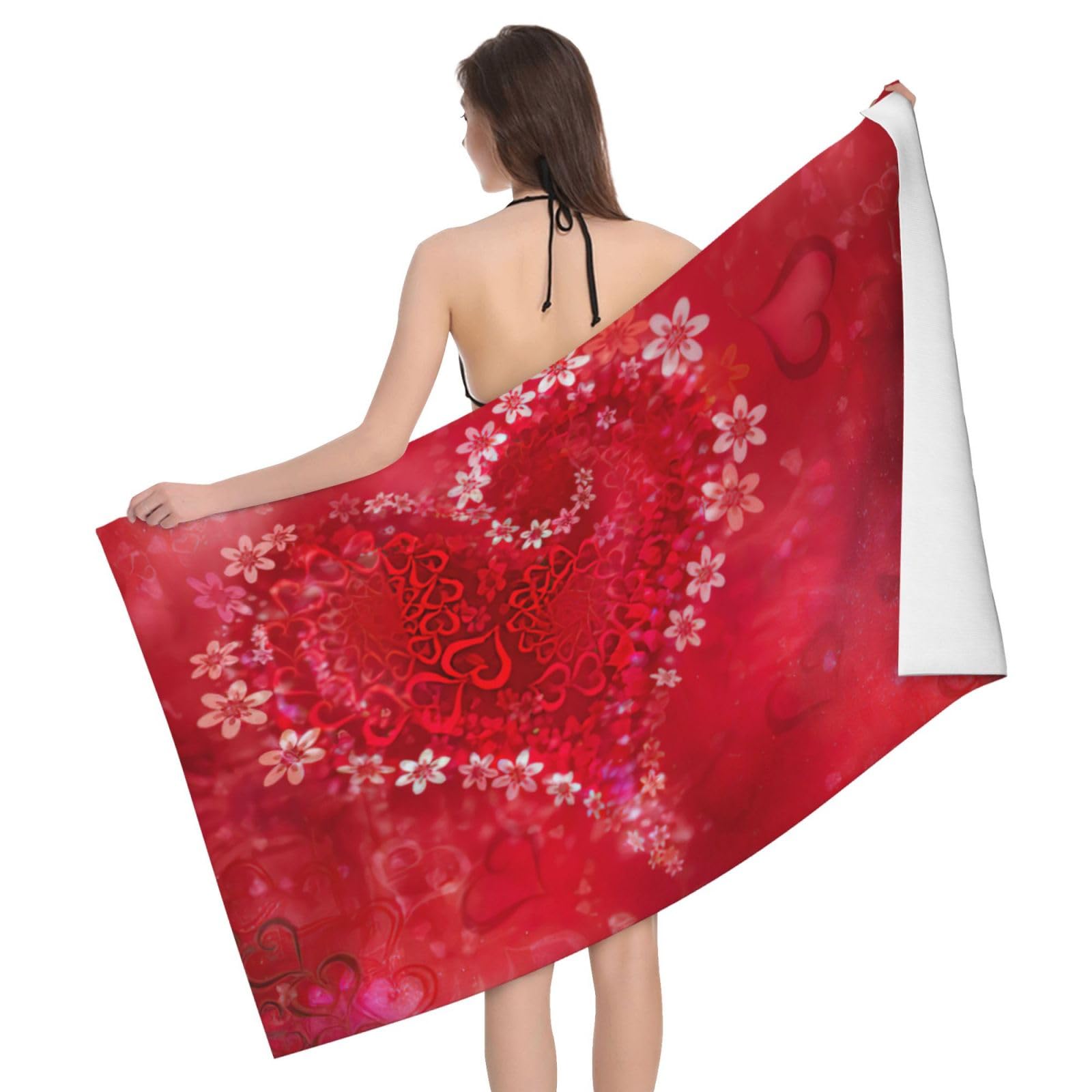 Serviette de bain en microfibre premium, imprimé floral et cœurs haute définition