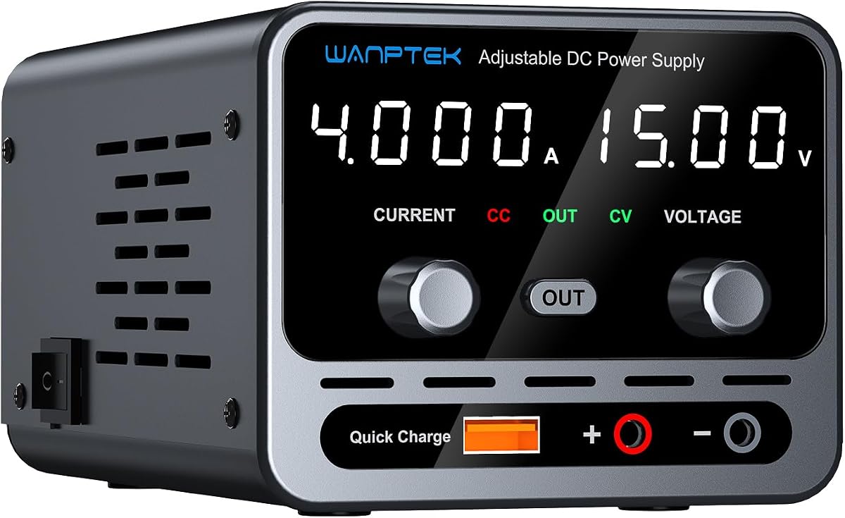 Fuente de alimentación CC, 0-15 V/0-4 A Pantalla LED ajustable de 4 dígitos de alta precisión con botón de salida y puerto USB Fuente de alimentación de laboratorio para laboratorios, electrónica, bricolaje y reparación
