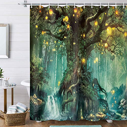 Forest Fairy Tales Shower Curtain, Lanterns And Waterfalls Under Fantasy Large Tree Bohemian, Waterproof Fabric Bathroom Decor, 69X70In Bath Curtains Accessories With 12Pcs Hooks #TOP1