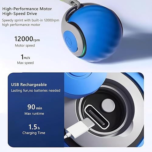 Miniatura 5 de Pelota de juguete automática para gatos con 2 colas de plumas, juguetes interactivos recargables para gatos, rodillo activado por movimiento de 2